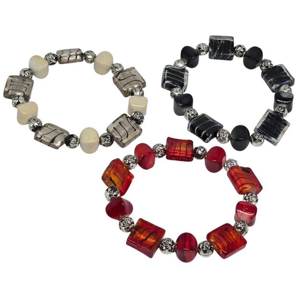 Set of 3 Artisan Glass Bead Stretch Bracelets Black Red Ivory Silver Tone